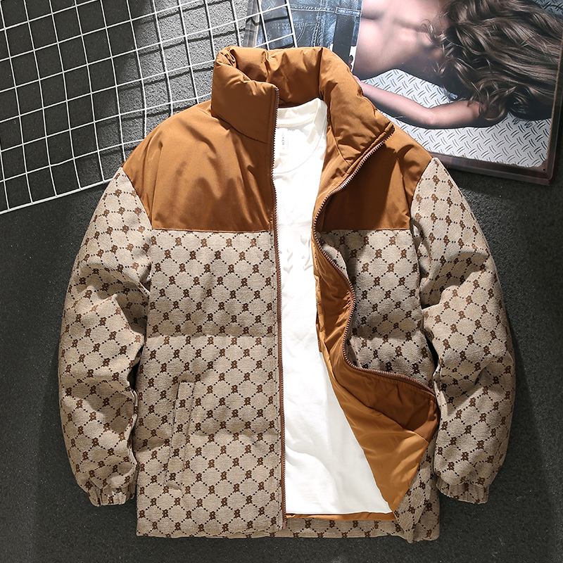 GTRT美式拼色羽绒服男冬季潮流复古宽松加厚立领保暖菱形字母提花