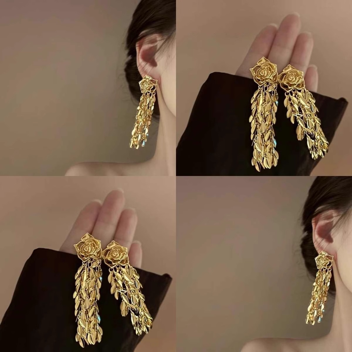 午夜狂欢 轻奢法式复古金属玫瑰流苏耳环 高级感小众气质耳钉耳饰