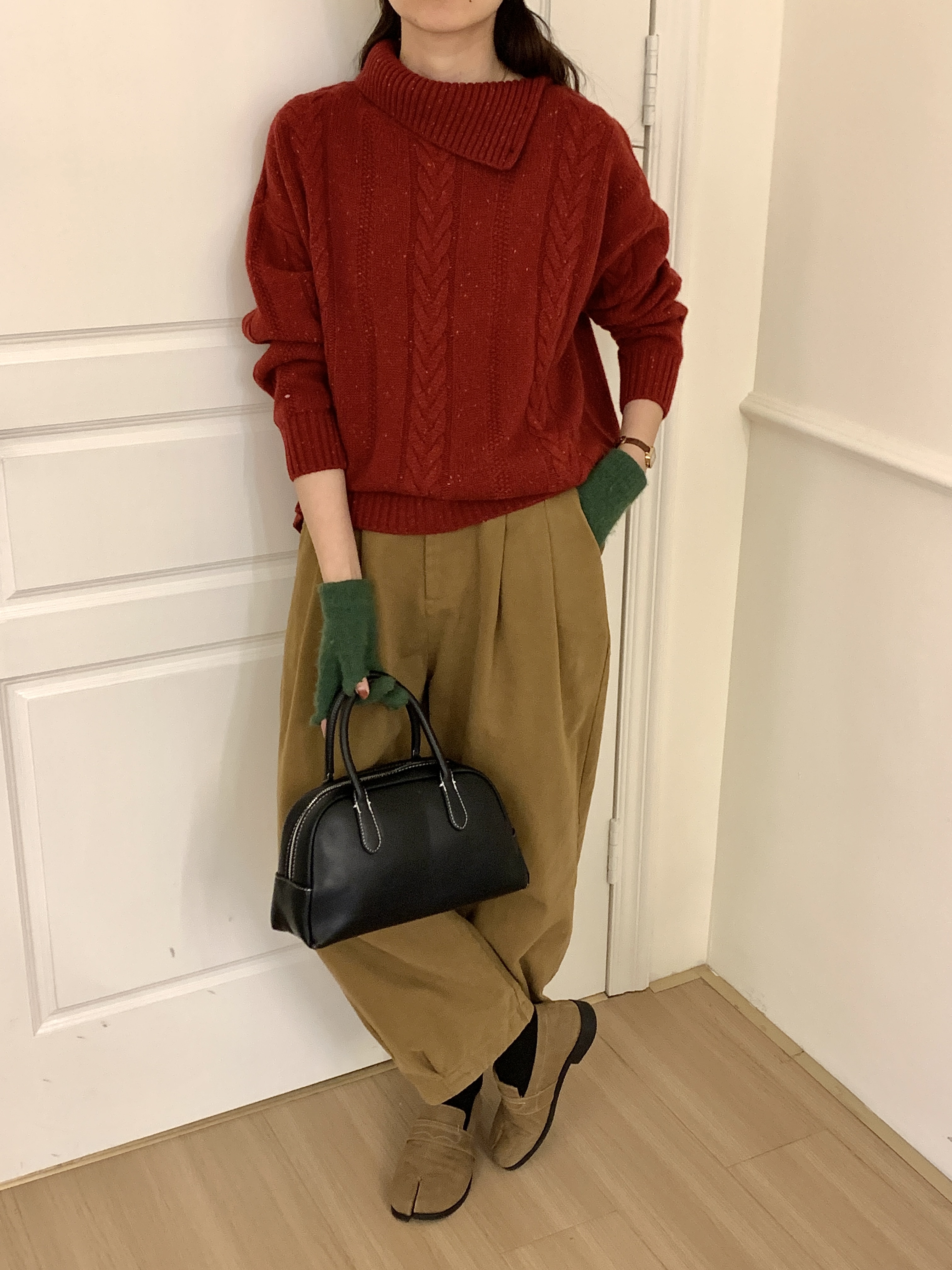 VillROSA 100%纯羊毛秋冬女款高领休闲宽松韩版加厚翻领针织衫
