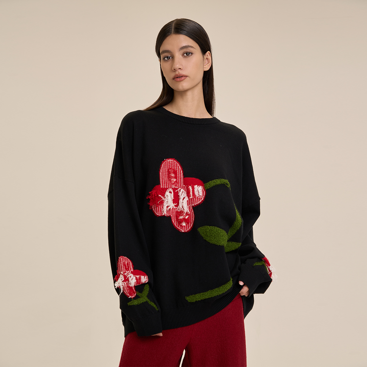 CANOTWAIT_陈伟霆时尚休闲设计师系列手工钩花宽松秋冬套头毛衣