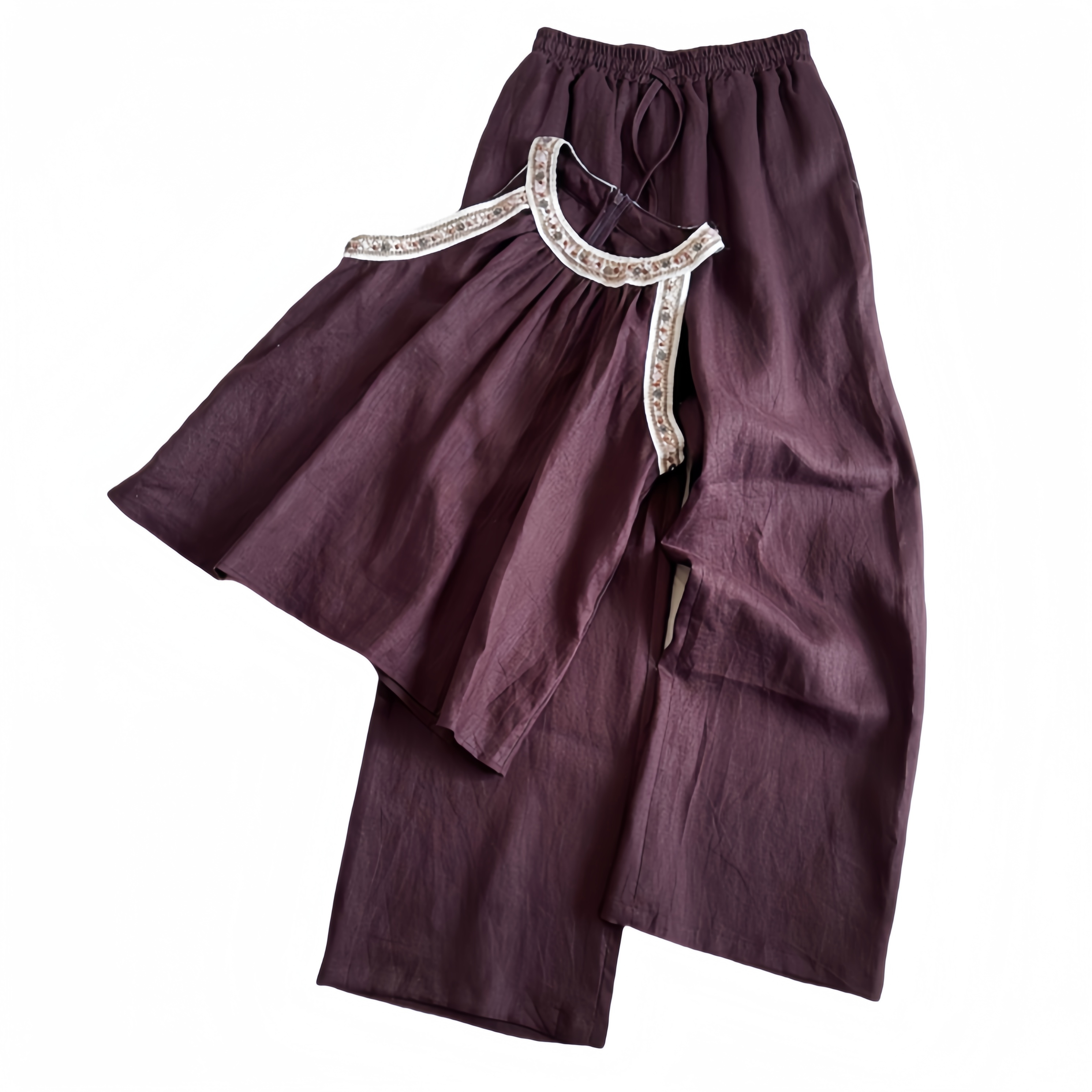 亚麻夏季文艺复古气质慵懒手编钉珠挂脖上衣+休闲阔腿裤两件套女