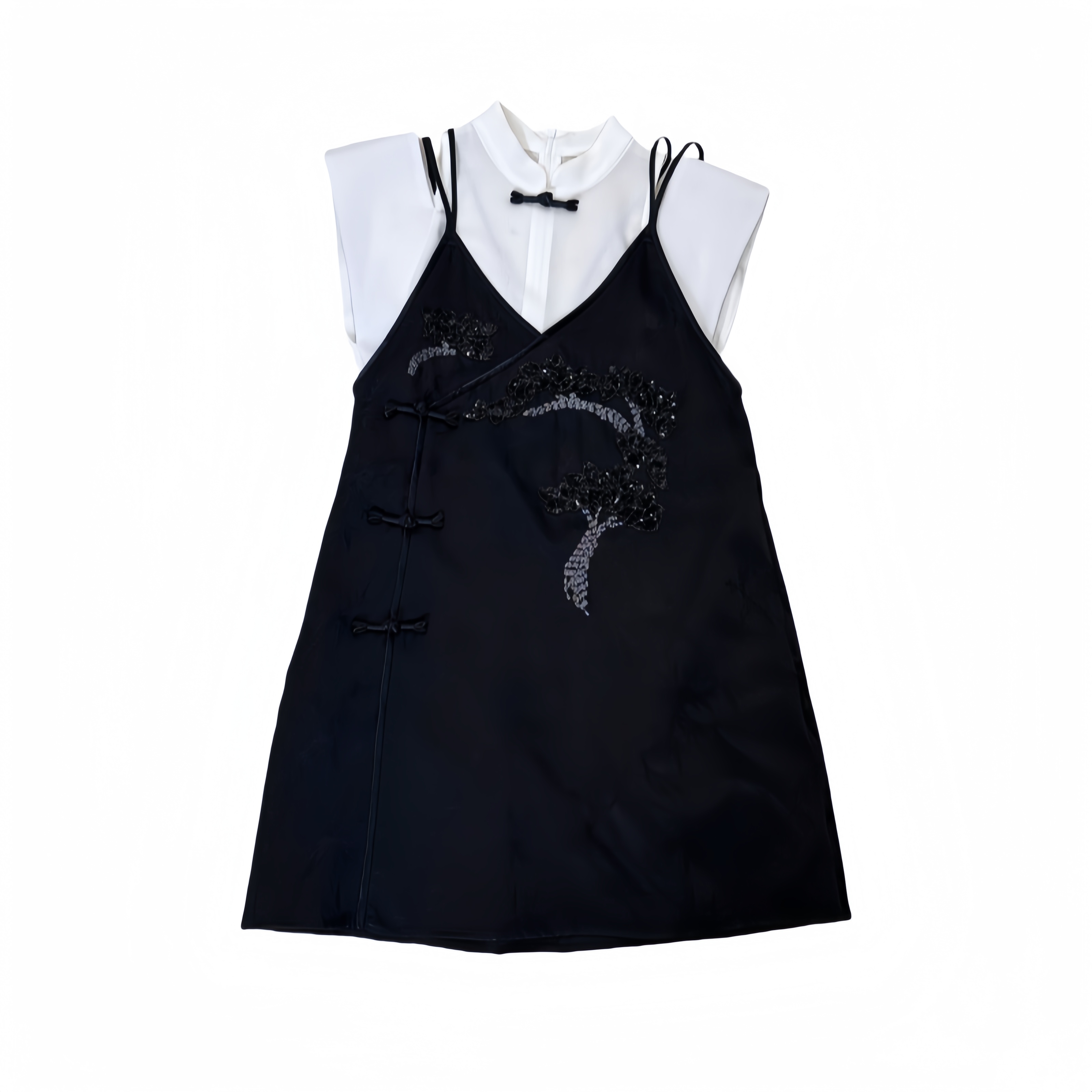 夏季新款醋酸复古盘扣钉珠气质时尚两件套吊带黑色新中式连衣裙