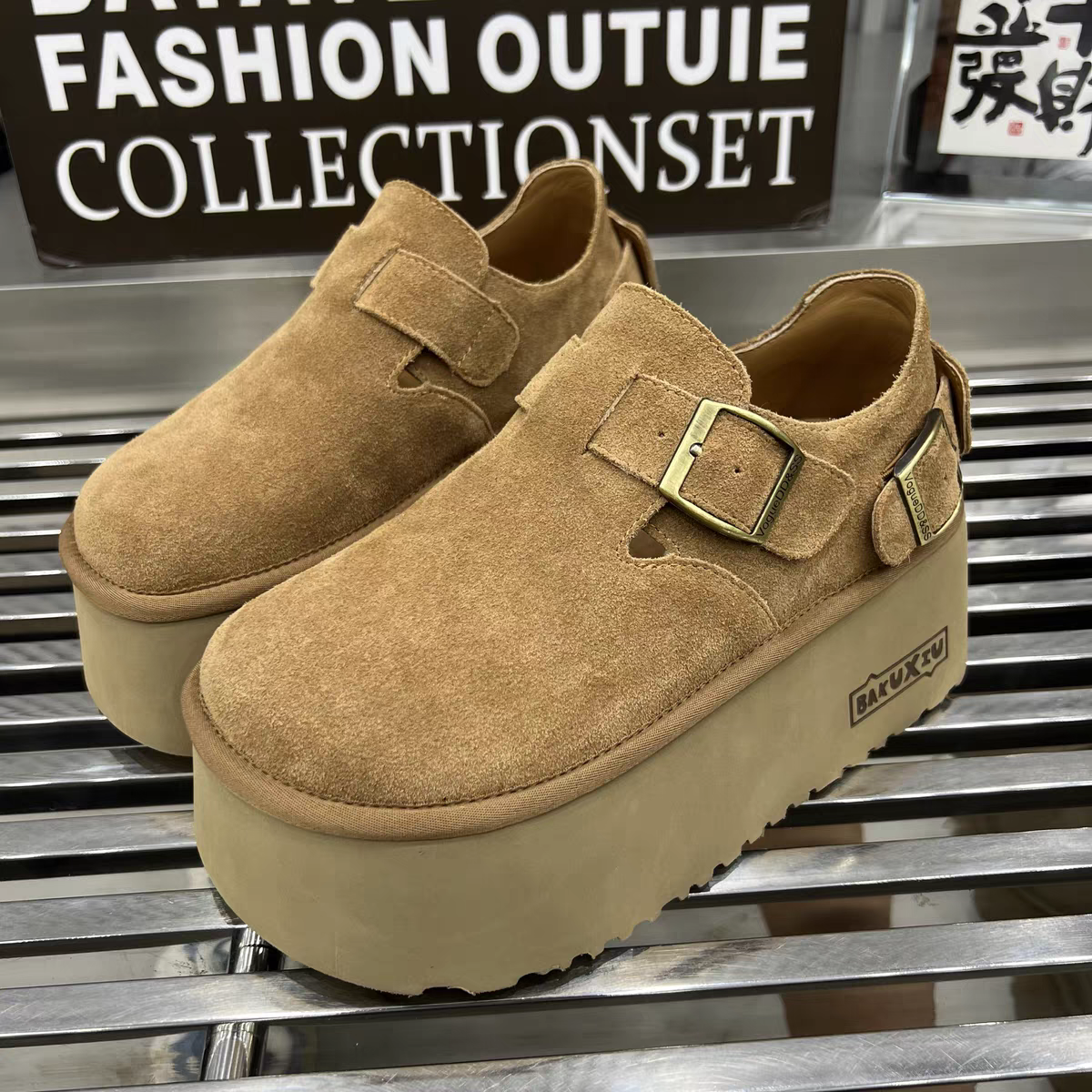 【HKYC】磨砂皮厚底松糕鞋女2024年新款皮带扣纯皮乐福鞋大头勃肯鞋