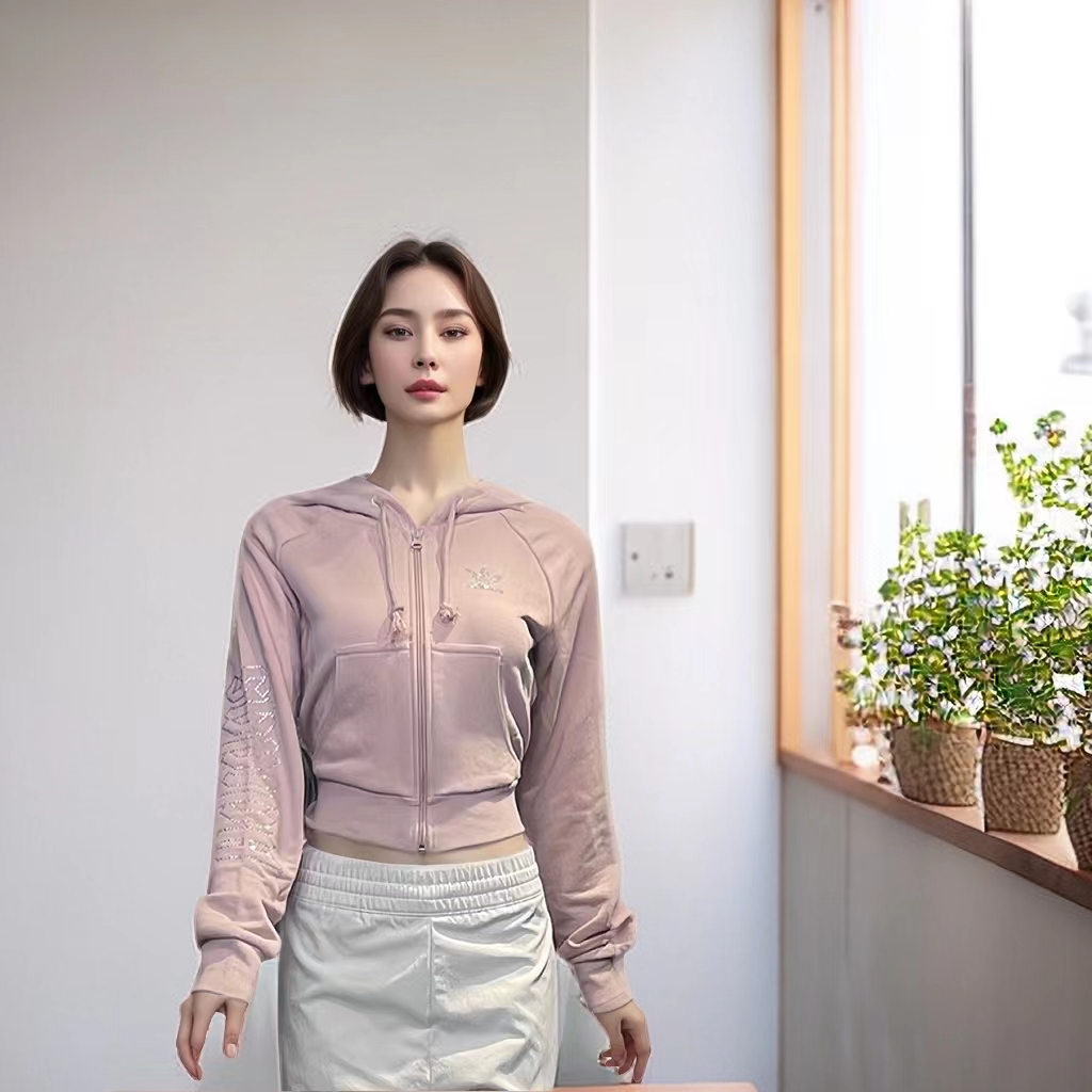 阿迪达斯三叶草女装2023新款连帽防风运动外套针织短款夹克HF6766