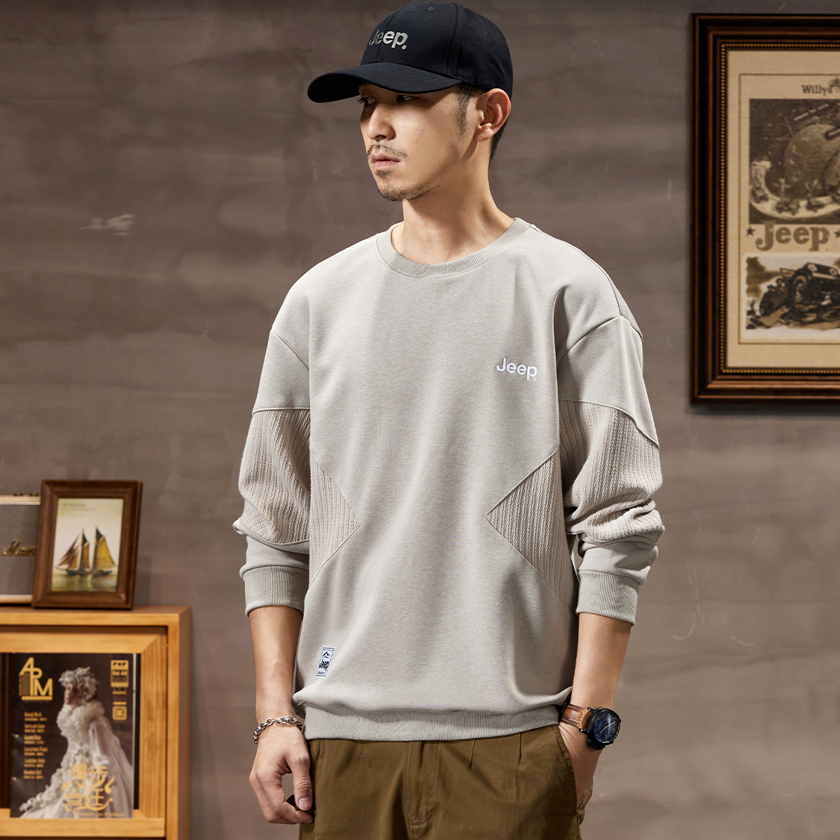 JEEP/吉普宽松男2025新款百搭春秋款长袖圆领潮流上衣男士落肩T恤