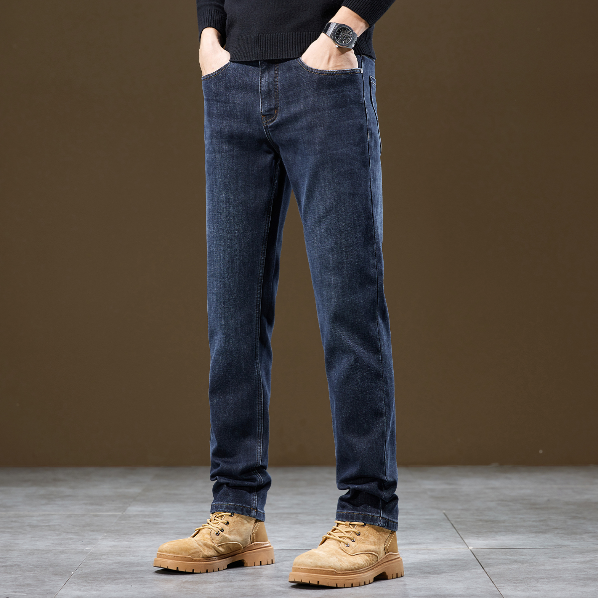 JEEP/吉普2024新款牛仔裤男修身直筒2024新款秋冬季款加绒加厚裤