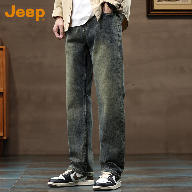 JEEP/吉普复古牛仔裤男士秋冬款潮牌怀旧男款宽松直筒阔腿裤春秋