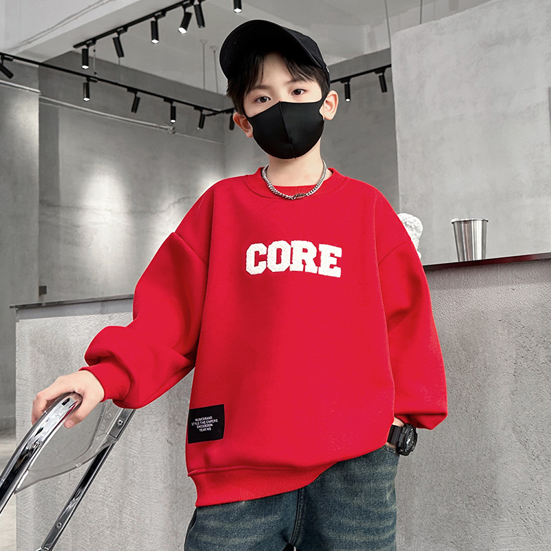 男童加绒卫衣秋冬季儿童加厚拜年服中大童红色一体绒上衣男孩冬装