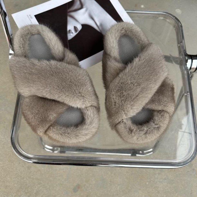 2024年秋新款外穿交叉厚底豹纹毛毛拖鞋女增高平底貂毛鞋