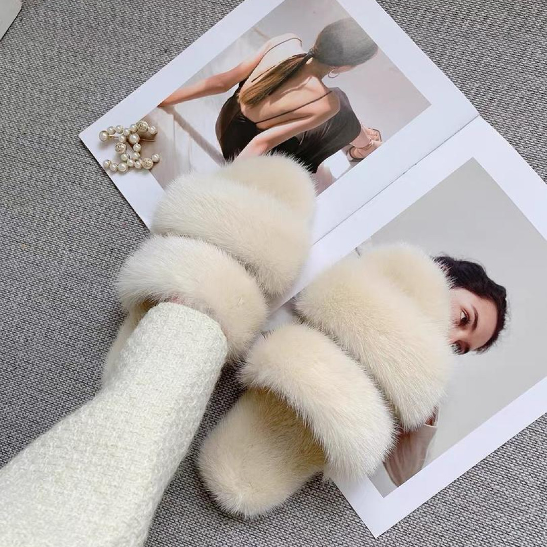 2024秋季贵气貂毛百搭圆头平底外穿一字拖鞋女外穿水貂毛毛拖鞋