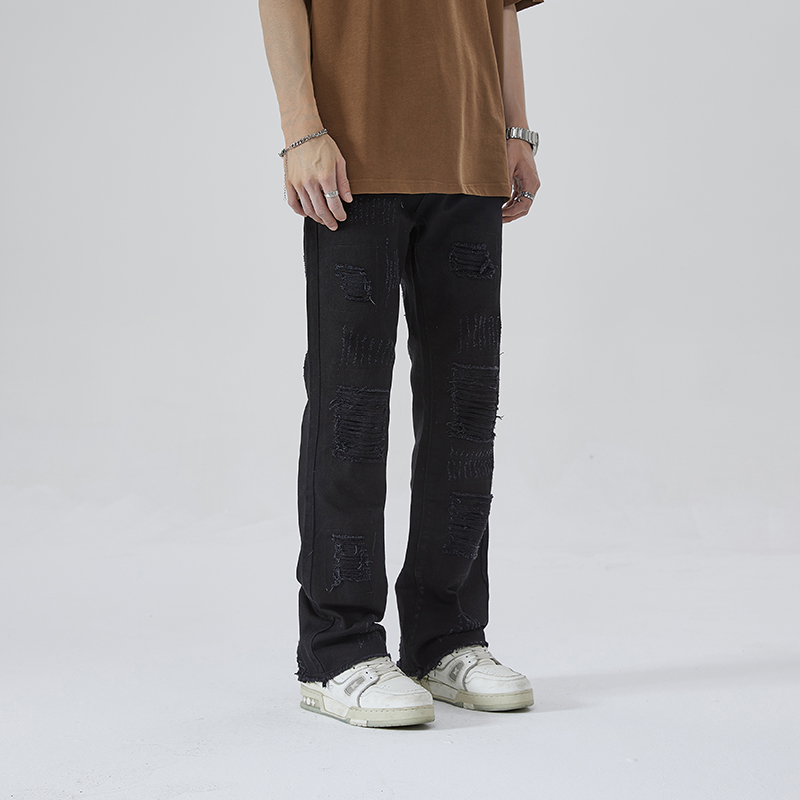 高街破洞牛仔裤男潮牌修身直筒微喇cleanfit黑色阔腿美式vibe裤子