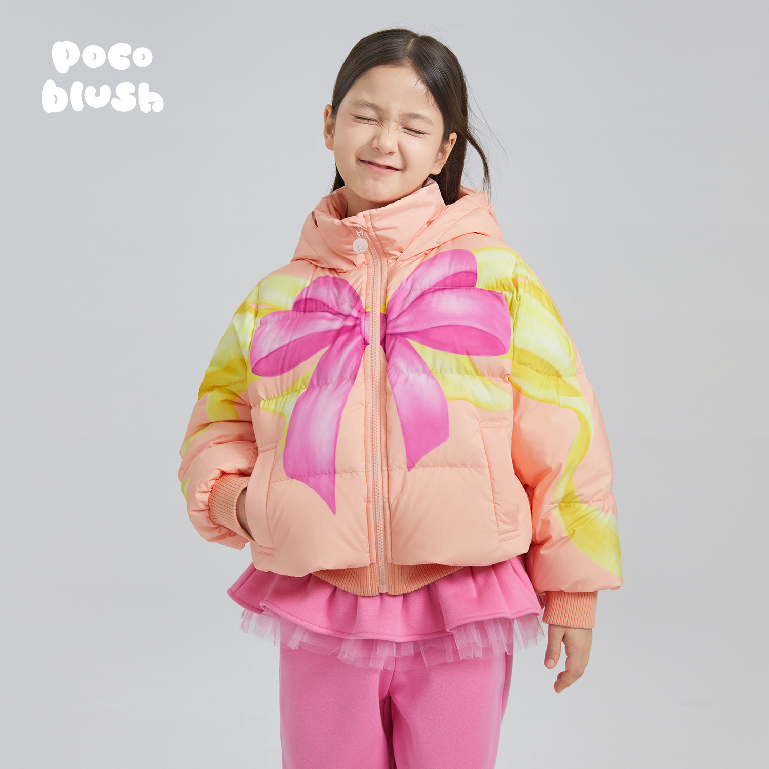 poco blush原创设计蝴蝶结印花羽绒服外套儿童2024新款连帽白鹅绒