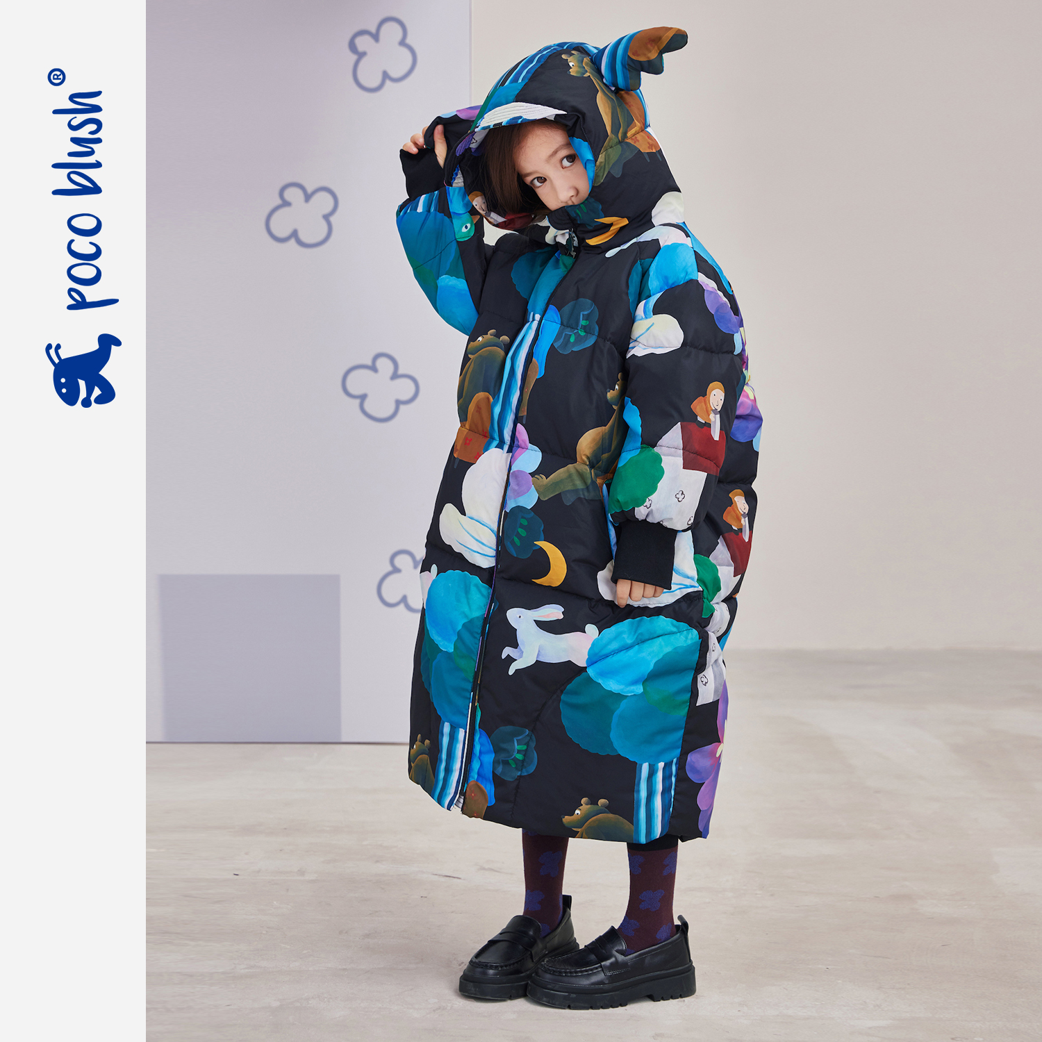 poco blush森林系列冬新款时髦女童连帽保暖中长款加厚羽绒服防风