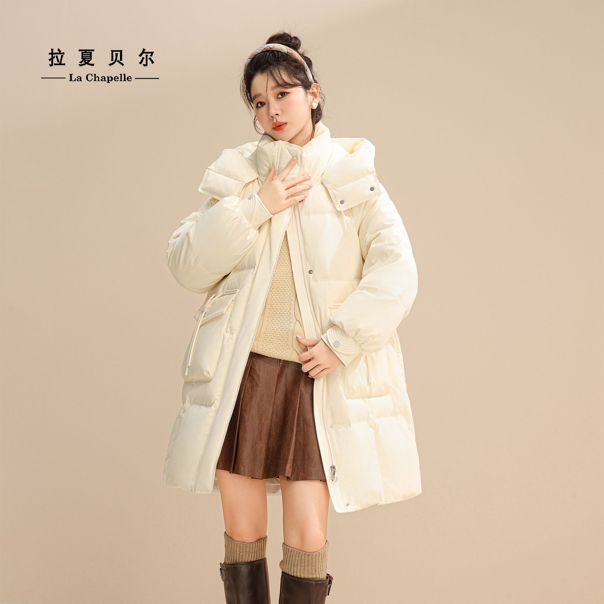 La Chapelle city时尚女士中长连帽加厚保暖冬季羽绒服0496