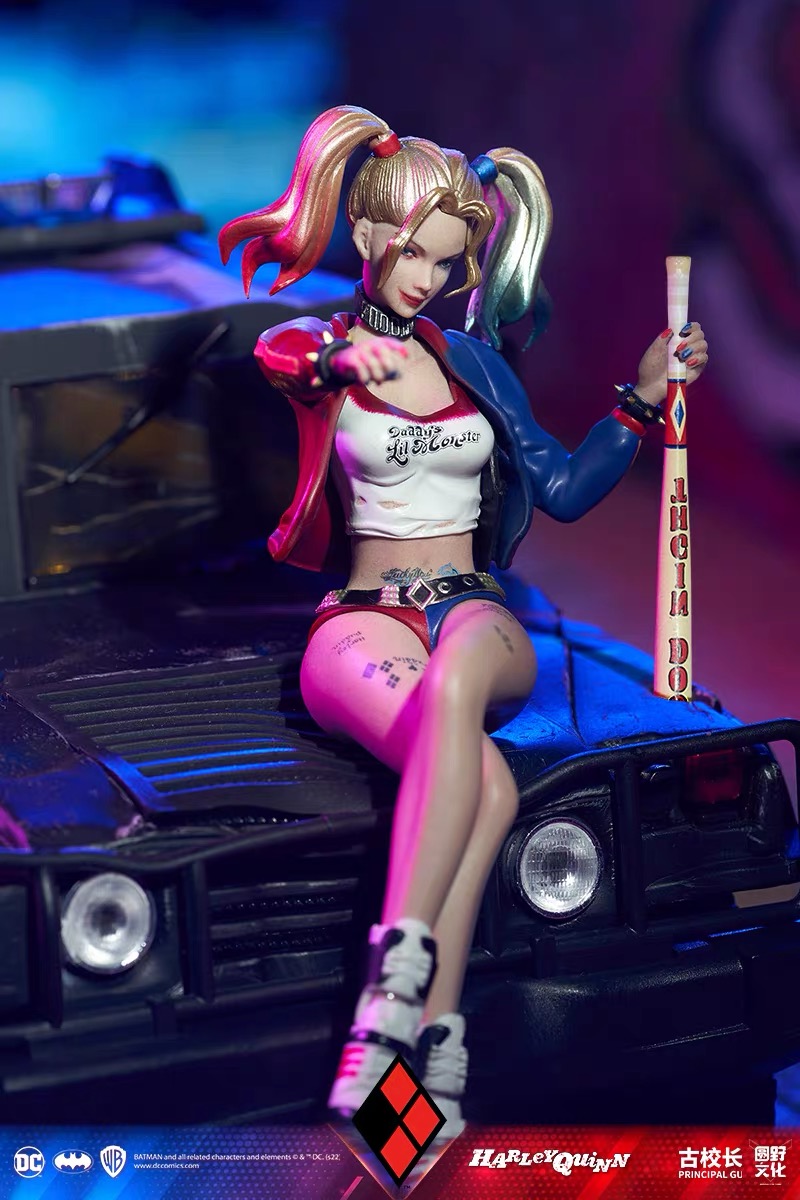 正版DC联名古校长 小丑女哈莉奎茵&战损警车猛禽小队场景手办模型