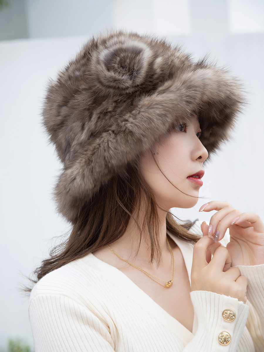 轻奢女神款 气质貂毛帽子护耳百搭编织款渔夫帽礼帽云朵帽毛绒