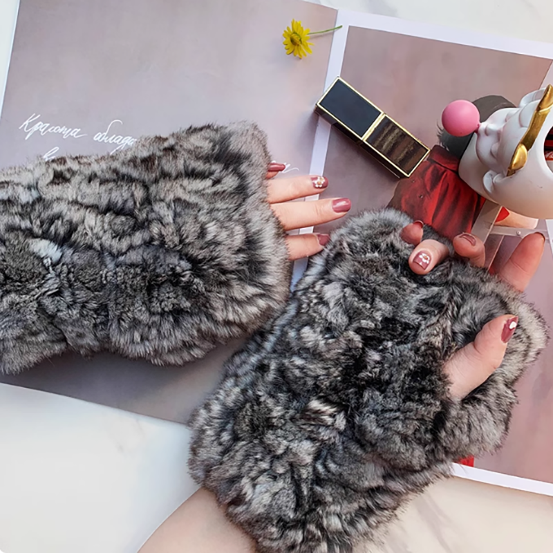 龙猫手套女冬季保暖加绒加厚露趾半指套袖双面密编