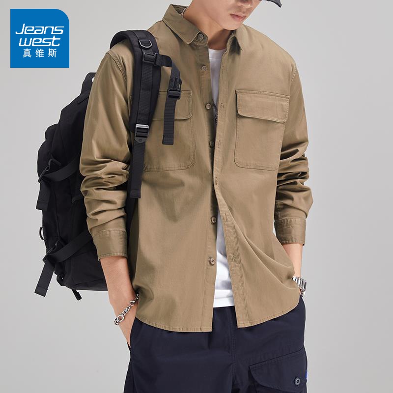 Jeanswest/日系复古工装衬衫男男士休闲长袖棉衬衫外套潮20