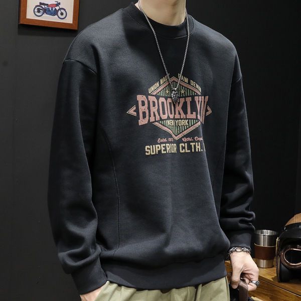 秋季新款美式潮牌重磅厚款加绒复古卫衣男士宽松大码圆领长袖上衣