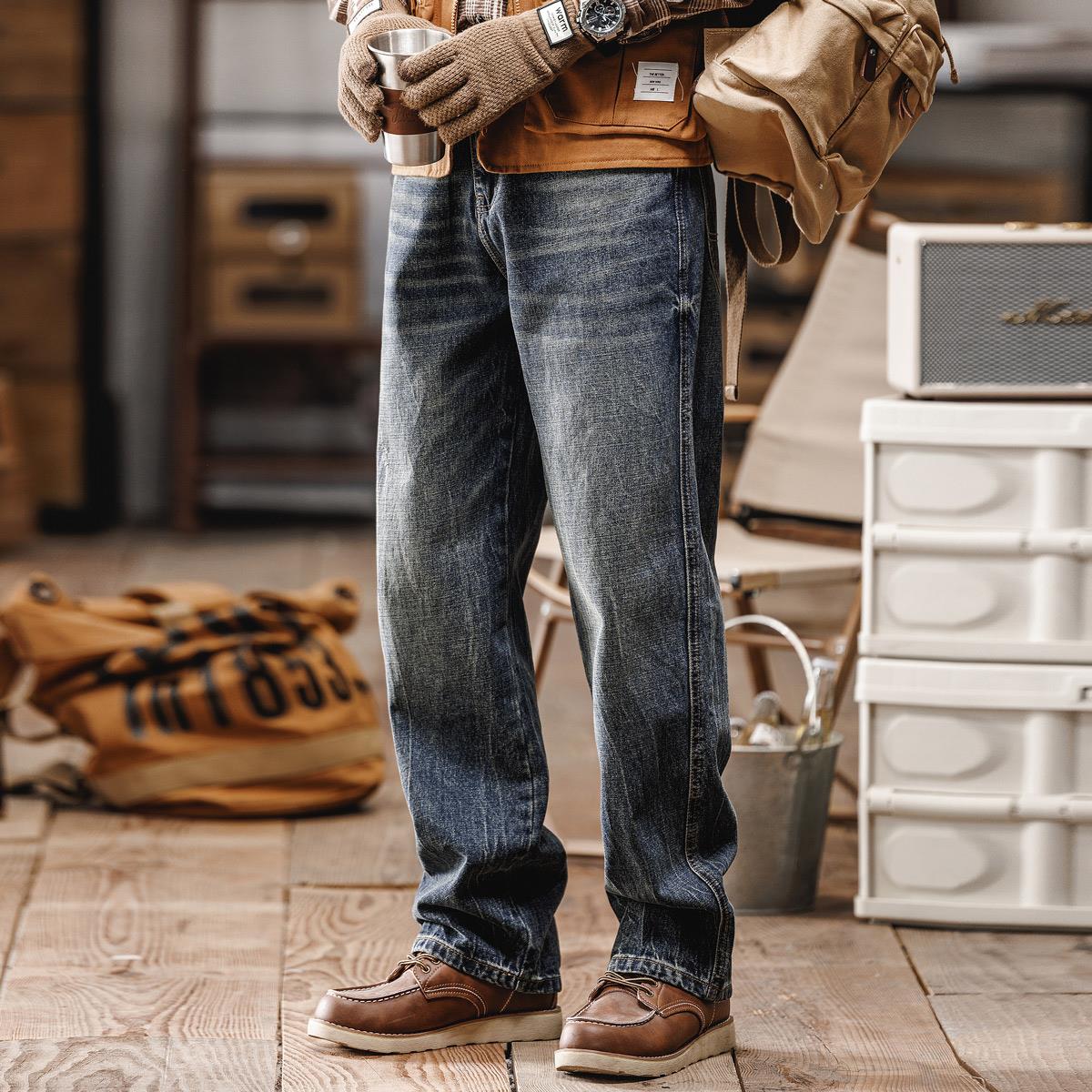 高端款美式复古牛仔裤男春秋宽松直筒潮牌阿美咔叽男士休闲长