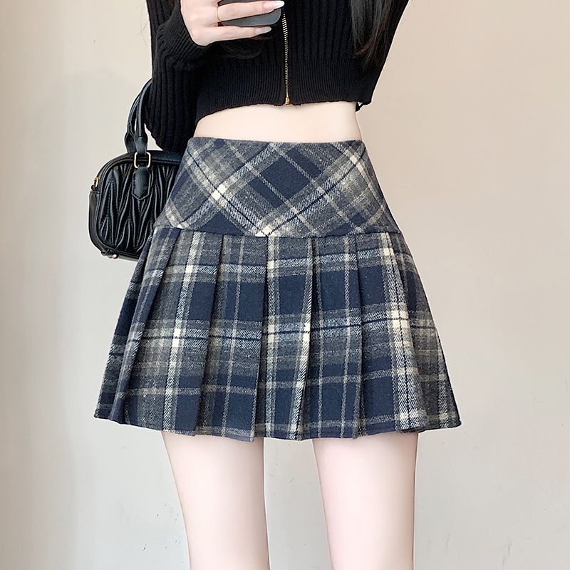 毛呢格子百褶半身裙秋冬2025新款高腰显瘦A字裙辣妹甜美百搭短裙