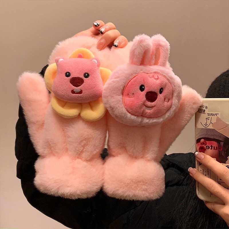 可爱小海狸loopy毛绒连指手套女冬季保暖加厚防寒挂脖学生骑行车