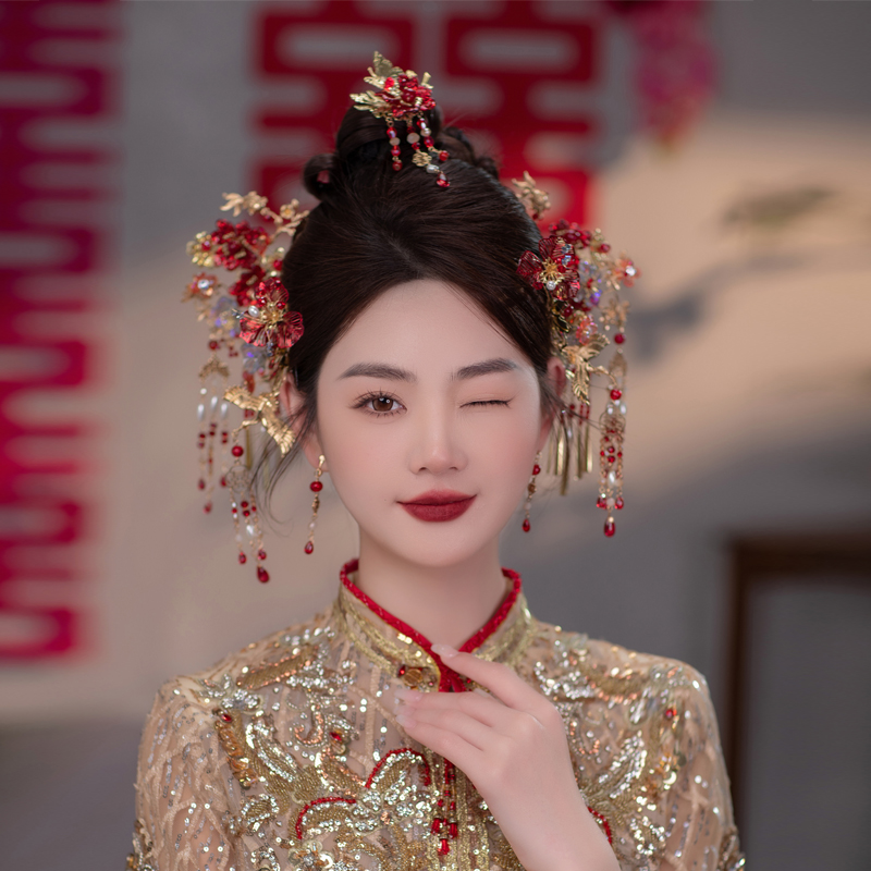 合金婚庆饰品 新娘头饰中式红色盘发飞鹤古装结婚秀禾服发饰D0245