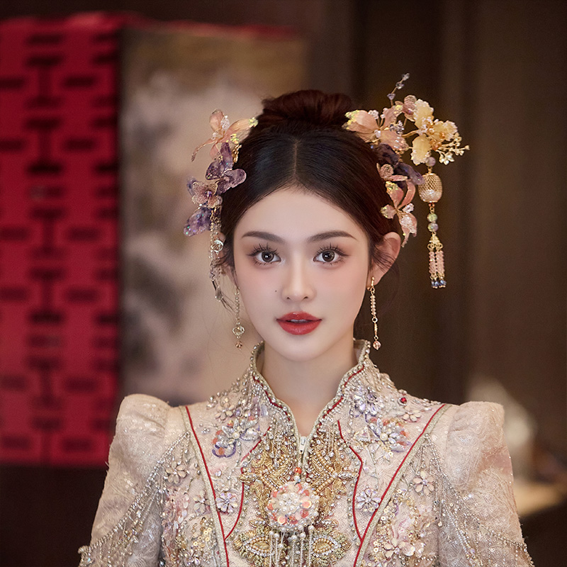 铜合金婚庆饰品 新娘中式461结婚浅色减龄古装造花液唯美秀禾发饰