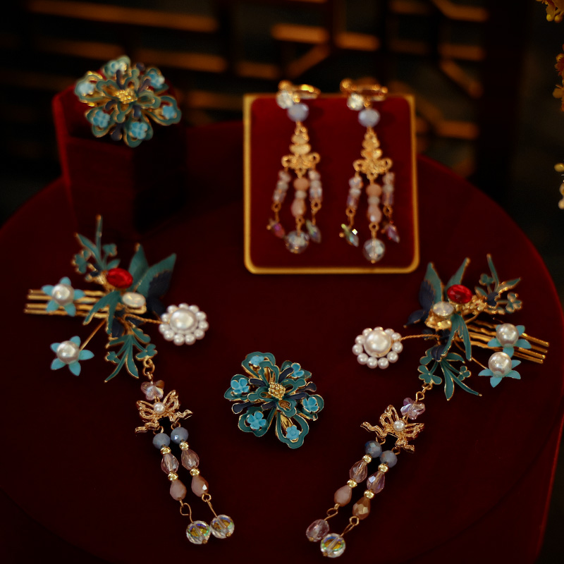 合金婚庆饰品 新娘头饰中式景泰蓝新款盘发古风秀禾发饰品MG2344