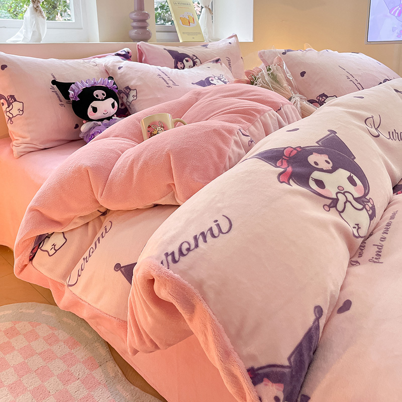 冬季三丽鸥毛绒牛奶绒被罩四件套加厚双面绒雪花绒被套床单三件套