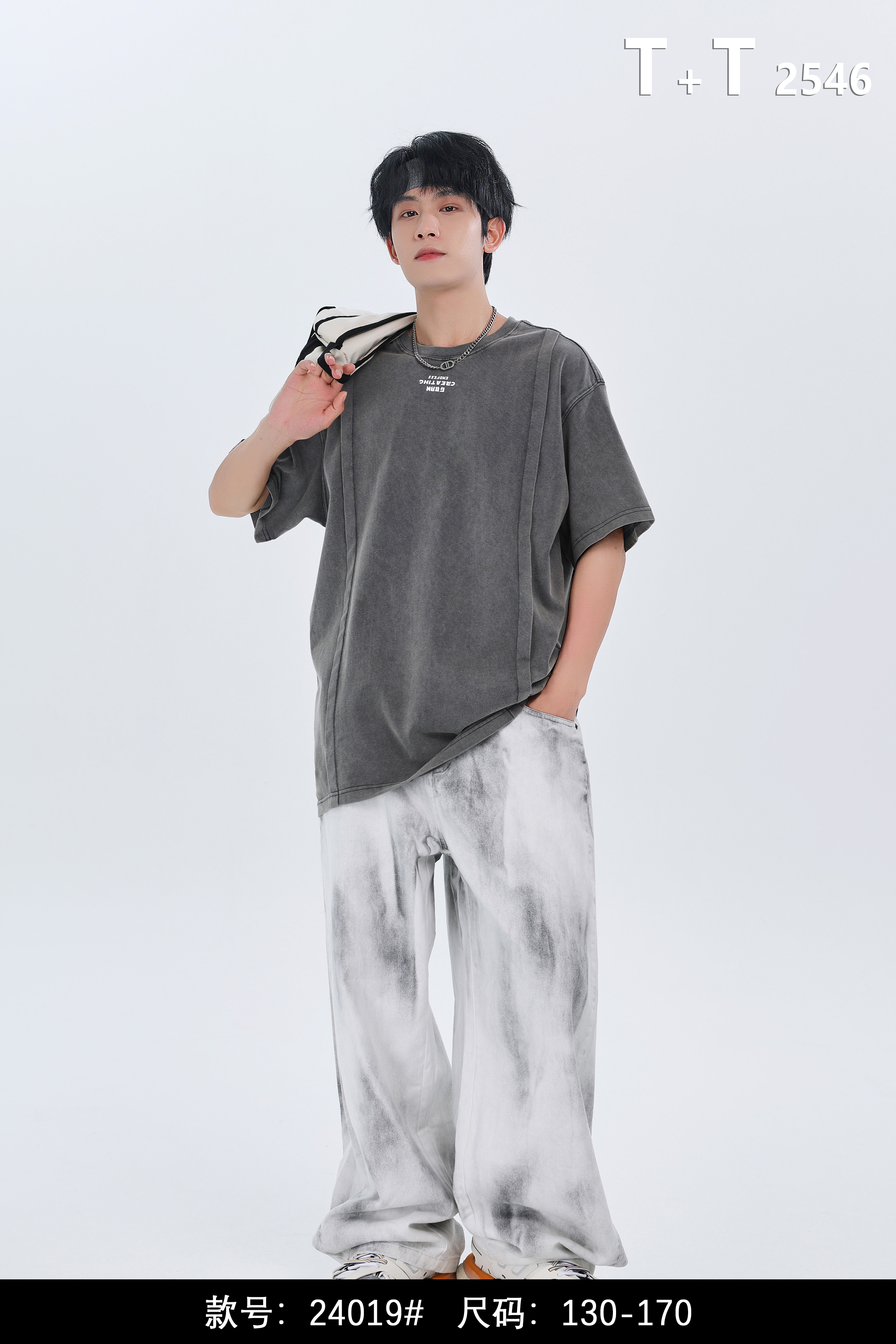 南 2024[X] 8月19日 儿童男女童时尚深灰色字母短袖T恤4019-