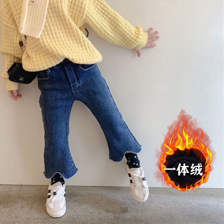 女童加绒牛仔裤一体绒儿童加厚裤子冬季新款宝宝时髦洋气喇叭裤潮