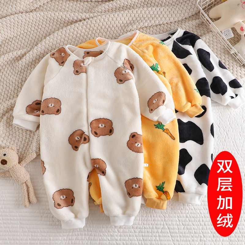 男童婴儿冬款睡衣加绒秋冬保暖法兰绒双层加厚家居珊瑚儿童连体衣