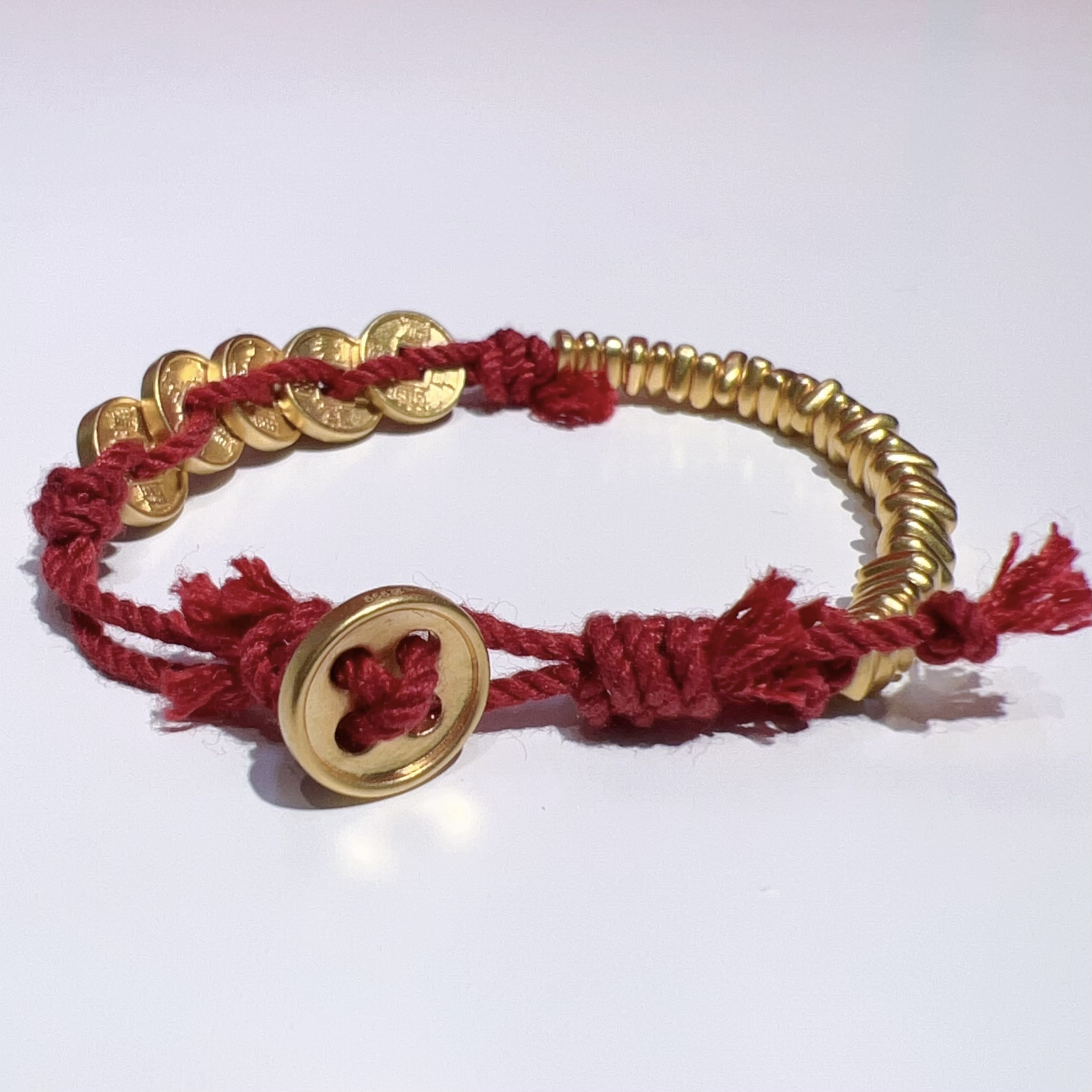 足金999黄金【五帝盘缠】纽扣碎金子红绳手工编绳蛇年本命年手绳