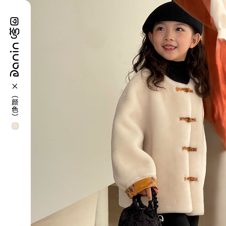 【嗒囜】女童冬季新款加厚羊毛大衣国风盘扣拼接袖洋气短款毛毛外套