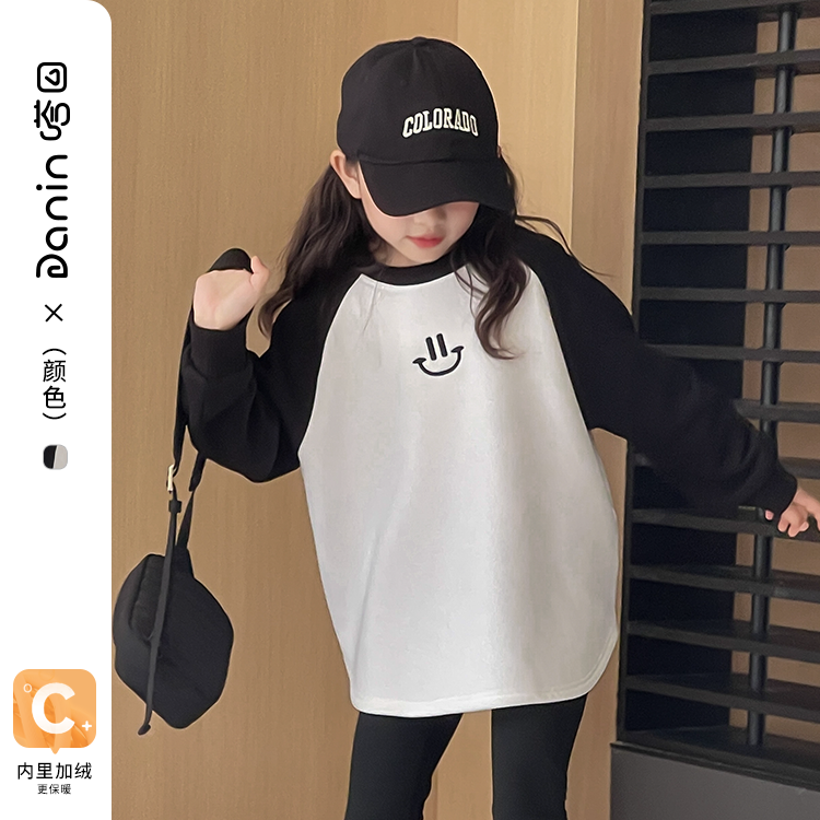 【嗒囜】儿童时尚插肩袖长袖加绒卫衣男女童笑脸刺绣宽松版撞色上衣