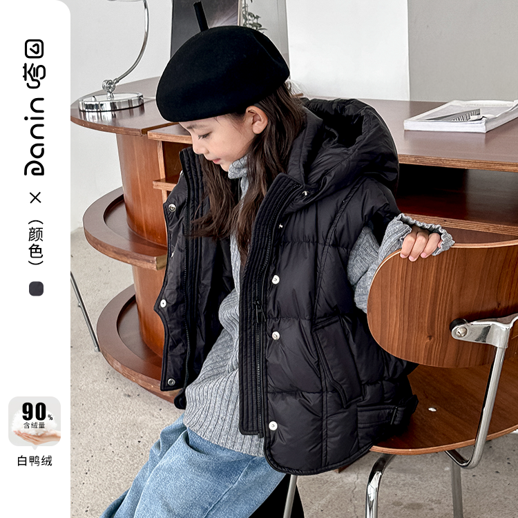 【嗒囜】男女童时尚设计感羽绒服马甲外套冬季儿童坎肩连帽羽绒马夹