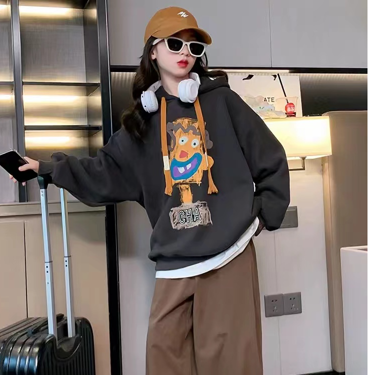 410141《现》小涵家玲姐韩版儿童日常舒适冬款百搭洋气加绒连帽卫衣