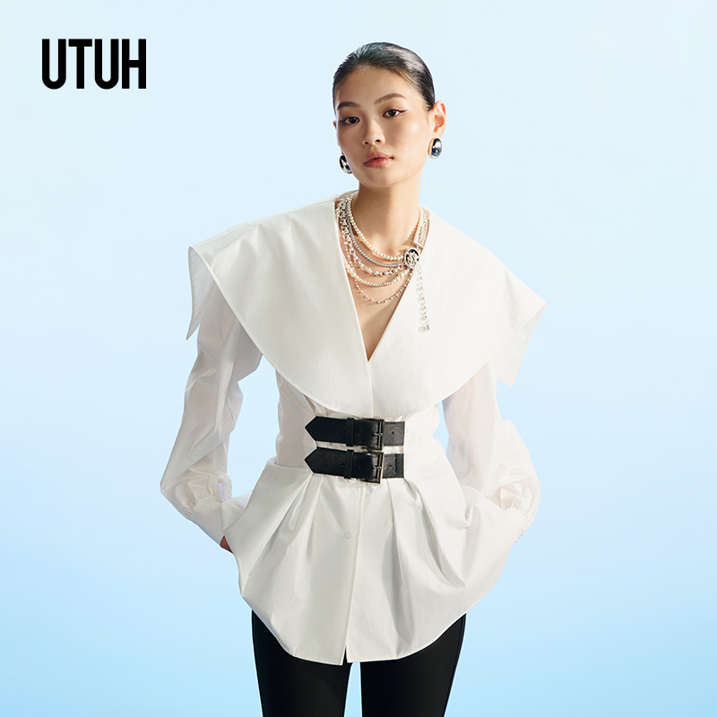【Chill】UTUH大翻领皮带收腰显瘦廓形复古优雅白衬衫TDWFA2C203