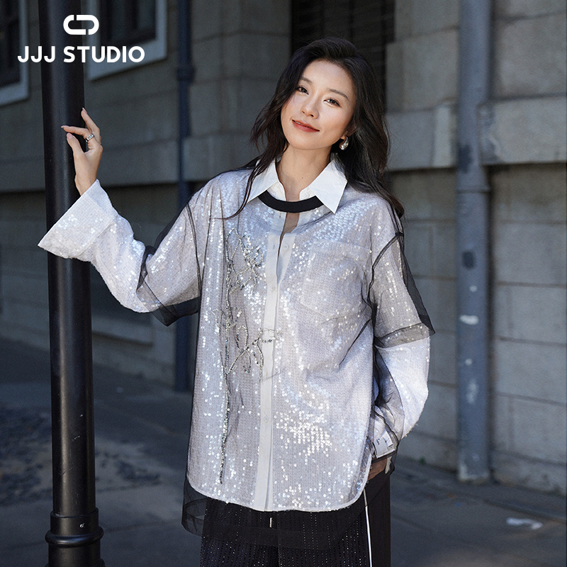 JJJ STUDIO黑白色珠片绣花手工钉珠衬衫 配：网纱外件 JLWFW1N296 