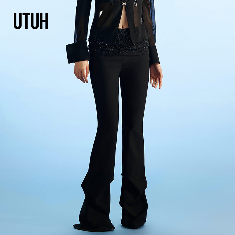 【Chill】UTUH假两件黑色立体打褶烫钻修身高腰喇叭裤TUWFA1K196