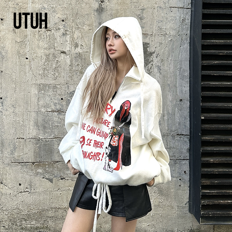 UTUH 白色连帽抓毛少女感印花高街运动风长袖百搭卫衣 TDWFW3N348