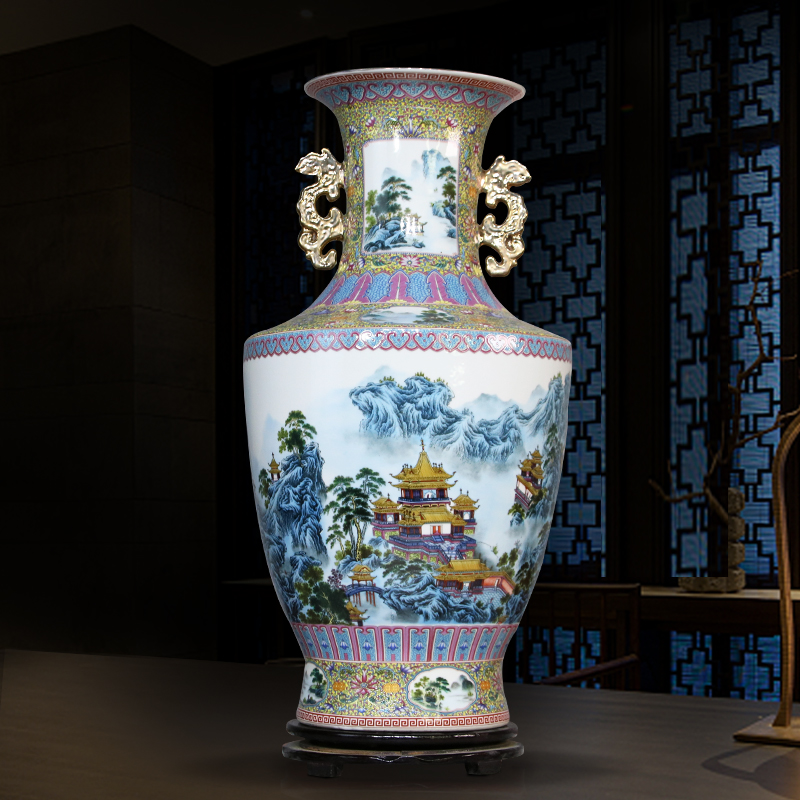景德镇陶瓷器花瓶粉彩仿清客厅中式仿古金钟双耳瓷瓶电视柜博古架