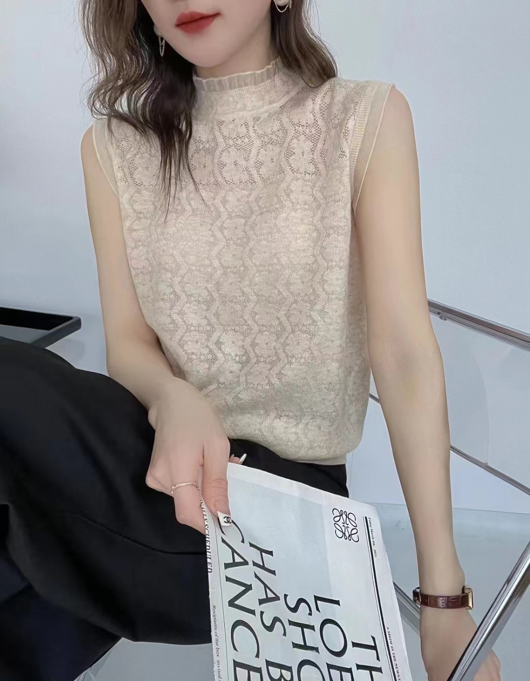 春秋蕾丝花边领提花打底衫洋气宽松百搭无袖内搭背心针织衫上衣女