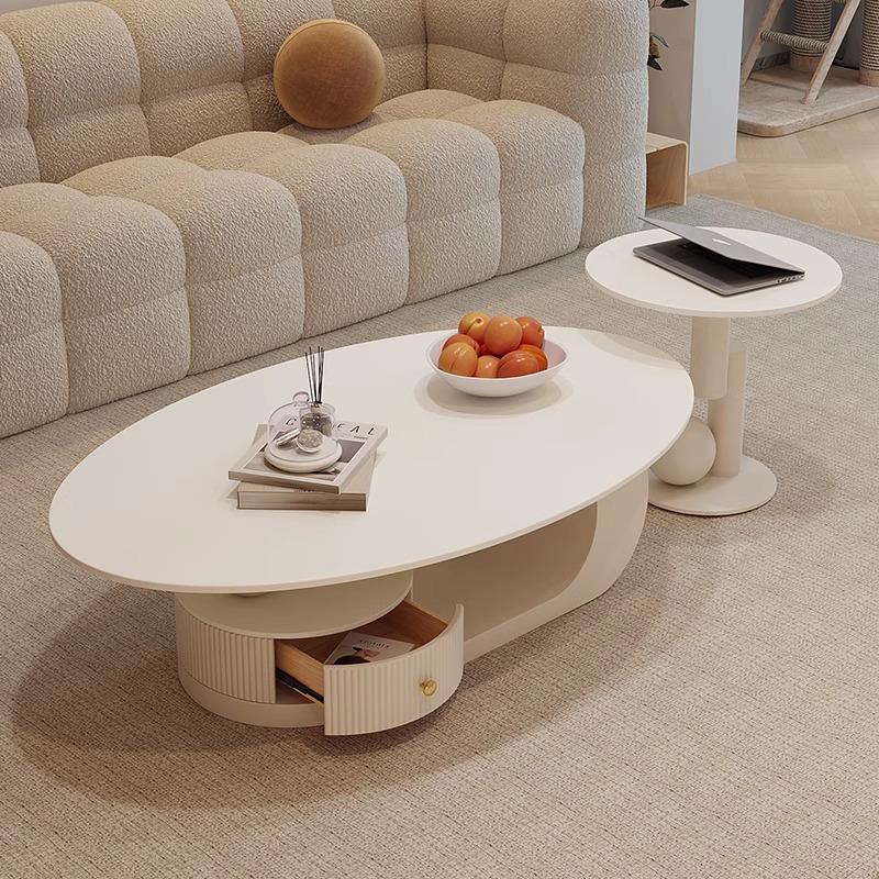 棠克岩板奶油风椭圆形茶几小户型法式茶台轻奢现代高级感茶桌边几