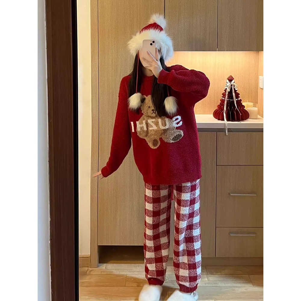 【甜美小熊】印花针织半边绒睡衣套装秋冬季新款加厚保暖家居服女