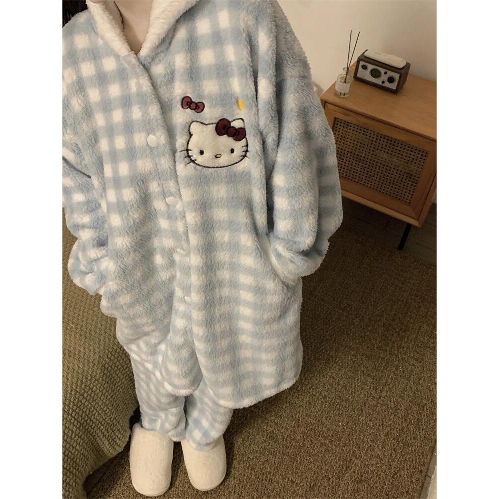kitty连帽珊瑚绒睡衣擎星睡衣店睡衣女秋冬加绒韩版新款男外出