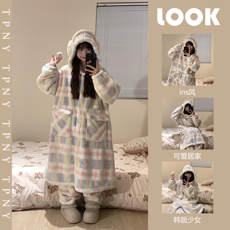 可爱卡通少女珊瑚绒睡衣女款冬季2024大码保暖睡袍长裤家居服套装