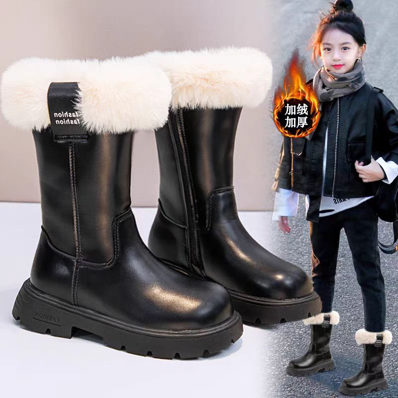 女童长筒靴冬季2025新款儿童加绒加厚棉靴女童鞋子中大童马丁皮靴