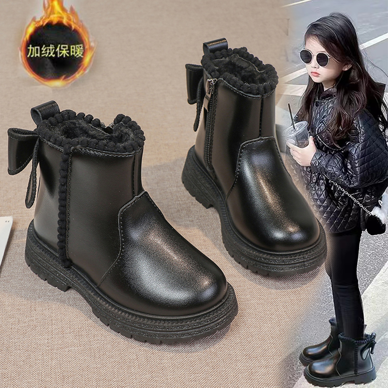 女童靴子鞋子2024冬季加绒软底儿童马丁靴新款洋气公主短靴蝴蝶结